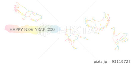 2023年　虹色の鶴が4羽遊んでいる年賀用バナー、ヘッダーのイラスト 93119722