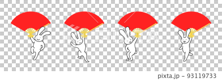 Illustration of four rabbits dancing with a red folding fan 93119733