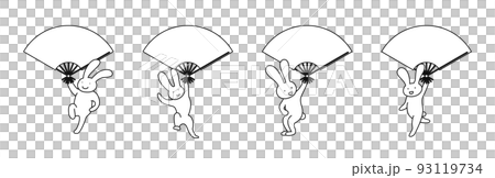 4 隻兔子用黑白折扇跳舞的插圖 93119734