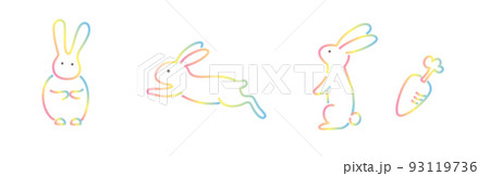 虹色のラインで描かれた3匹のうさぎとにんじんのイラストのイラスト素材