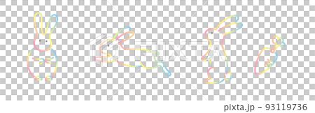 用彩虹色線繪製的三隻兔子和胡蘿蔔的插圖 93119736