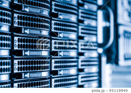 Row of hard disks used for data storage in internet data center Row of hard disks used for data storage in internet data center 93119940