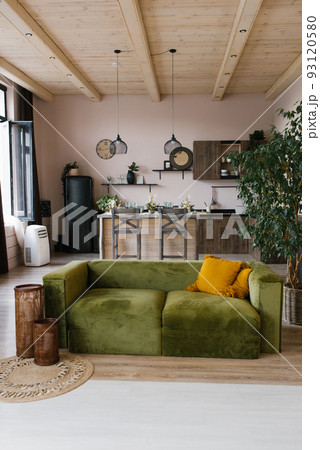Stylish Scandinavian interior of the living room with designer green velour sofa, wooden furniture, plants, carpet, dining table Stylish Scandinavian interior of the living room with designer green velour sofa, wooden furniture, plants, carpet, dining table 93120580