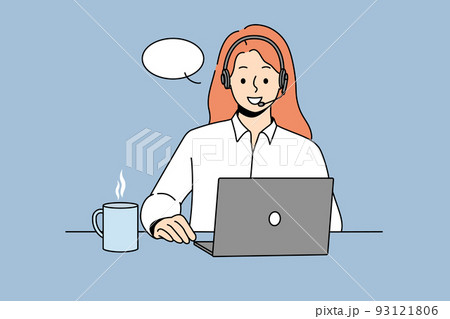 Smiling woman in headset talk on laptop  93121806