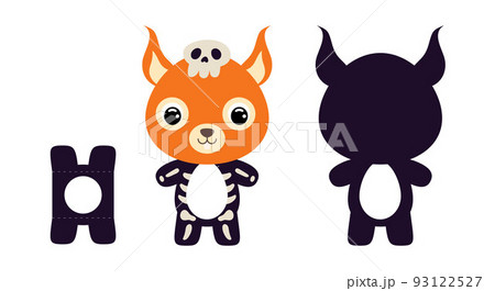 Cute die cut Halloween squirrel chocolate egg holder template. Cartoon animal character in a skeleton costume. Retail paper box for the easter egg. Printable color scheme. Vector stock illustration 93122527