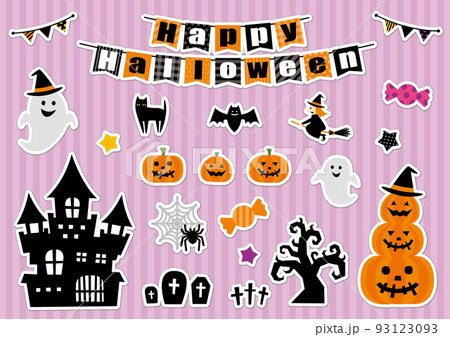 ハロウィンのかわいいステッカー風モチーフ素材セット／アイテム／シール風／ストライプ 93123093
