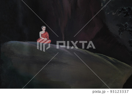 タイ北部ランファンの寺院仏堂内部の壁画・僧侶の修行と日々の様子が親しみやすい童画タッチで描かれている 93123337