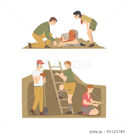Archaeologists excavating historical artifacts set. Male and female scientists examining ground with tools cartoon vector illustration 93123784