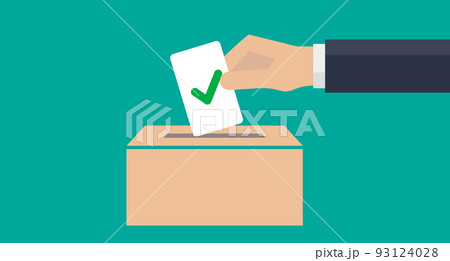投票箱にチェックマーク付きの投票用紙を入れる男性の手。政治や選挙。ベクター。 投票箱にチェックマーク付きの投票用紙を入れる男性の手。政治や選挙。ベクター。 93124028