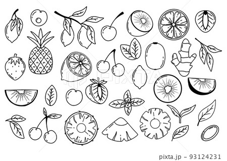 Set of fruits and berries. Doodle style. Lemon. pineapple, kiwi. cherry strawberry in doodle style. Whole fruits. Fruit pieces.Vector illustration. 93124231