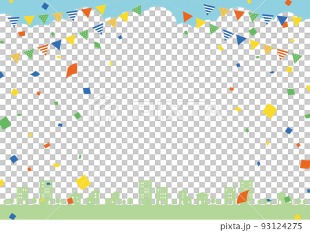 Frame material with garland and confetti on the cityscape / campaign background material / vivid / A size horizontal Frame material with garland and confetti on the cityscape / campaign background material / vivid / A size horizontal 93124275