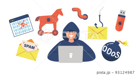 Set of Hacker Icons Trojan Horse, Worm, Memory Stick with Bug, Anonymous Man with Laptop, Spam Letter, Ddos Bomb 93124987