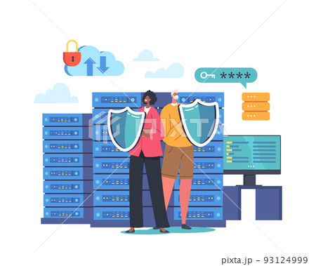Concept Of Secured Database, Male And Female Guards Characters Holding Shields Protect Server Room Or Hard Disks 93124999