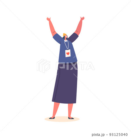 Young Woman Volunteer Feel Happiness Rejoice with Raised Hands. Female Character with Red Heart on Volunteering Badge 93125040