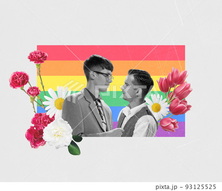 Creative colorful design. Conceptual image with two men isolated over rainbow lgbtqia flag. Love equality, support Creative colorful design. Conceptual image with two men isolated over rainbow lgbtqia flag. Love equality, support 93125525