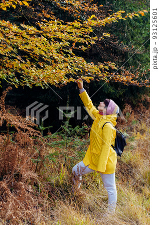 Woman in bright yellow raincoat enjoying walk in autumn forest in nature. Feeling harmony, reunion with nature in fall. Relaxing, personal fulfillment. Local travel. Vertical card. Woman in bright yellow raincoat enjoying walk in autumn forest in nature. Feeling harmony, reunion with nature in fall. Relaxing, personal fulfillment. Local travel. Vertical card. 93125601