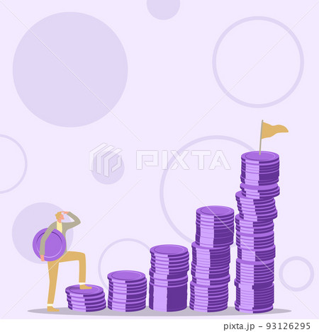 Gentleman Drawing Running Upwards On Stair Steps Of Coins. Man Design Climbing Big Stairs Reaching Goals Showing Progress And Improvement. 93126295