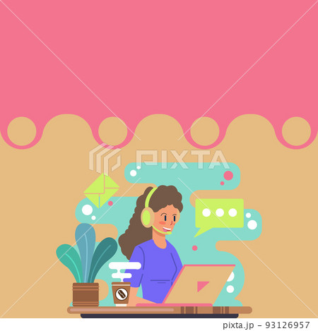 Lady Call Center Illustration With Headphones And Computer Speech Balloon Showing Message, Woman Using Laptop Earphones With Conversation Bubble Presenting Explanation. Lady Call Center Illustration With Headphones And Computer Speech Balloon Showing Message, Woman Using Laptop Earphones With Conversation Bubble Presenting Explanation. 93126957