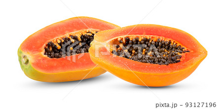 Half of ripe papaya fruit with seeds isolated on white 93127196