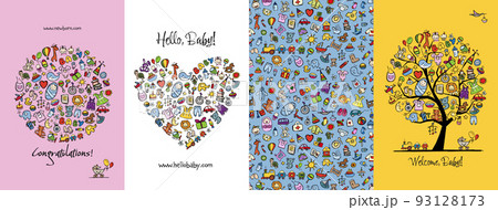 Newborn baby concept art collection. Birthday cards. Frame, heart shape, tree, background. Set for your design project. Vector illustration 93128173