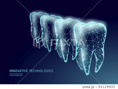Low poly tooth protection medical concept. Whitening toothpaste enamel reconstruction healthcare. Polygonal healthy dentistry procedure glowing arrow around tooth vector illustration 93129935