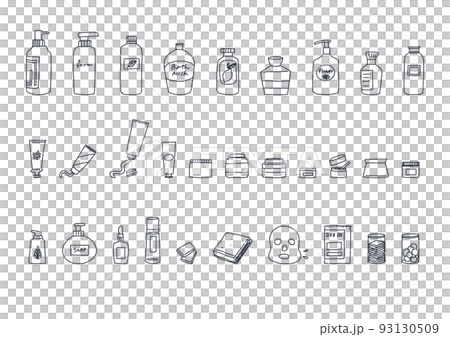 洗面用品の手書きイラストセット（背景透過）　ボトルやクリーム、美容用品 93130509