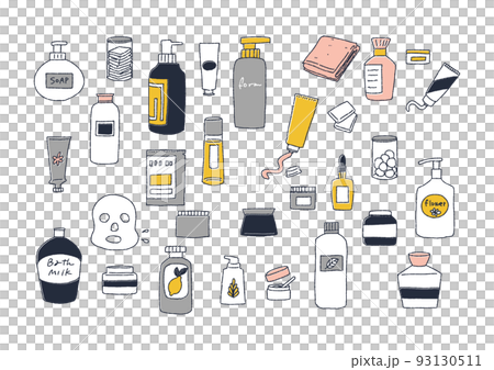 洗面用品の手書きイラストセット　ボトルやクリーム、美容用品 93130511
