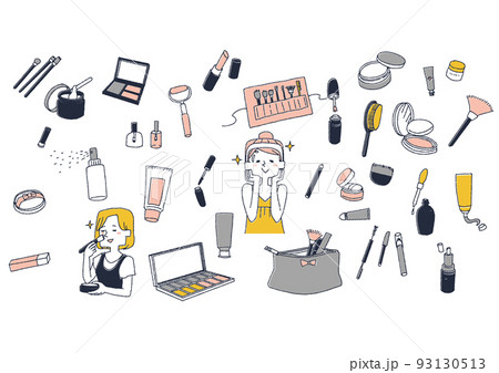 メイク用品の手書きイラストセット　ブラシや化粧品、小物類など 93130513