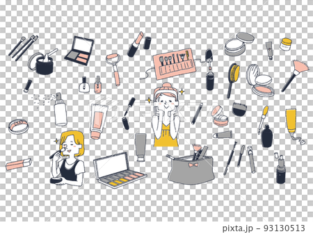 メイク用品の手書きイラストセット　ブラシや化粧品、小物類など 93130513