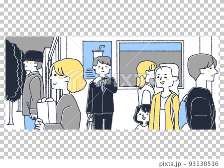 街を行く人々のイラスト　コミカルな手書きの人物　ベクター、温かみのある線画 93130516
