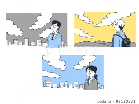 空を見上げている人物のセット 開放感や向上心を表す温かみのある線画イラスト 空を見上げている人物のセット 開放感や向上心を表す温かみのある線画イラスト 93130521