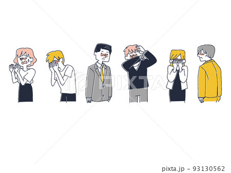 羞恥心や自信のなさを感じる人々　コミカルな手書きの人物　ベクター、温かみのある線画 93130562