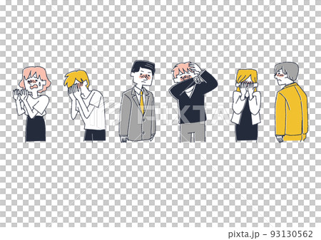 羞恥心や自信のなさを感じる人々　コミカルな手書きの人物　ベクター、温かみのある線画 93130562