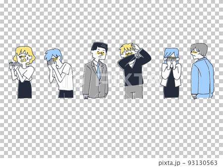 羞恥心や自信のなさを感じる人々　コミカルな手書きの人物　ベクター、温かみのある線画 93130563