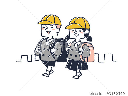 元気よく登校する男女二人の児童　春に小学校に入学する子どもに関するイラスト 93130569