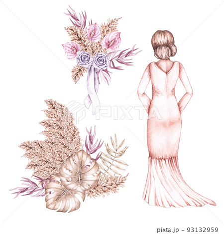 Watercolor wedding set bride back in dresses and bouquets in boho style 93132959