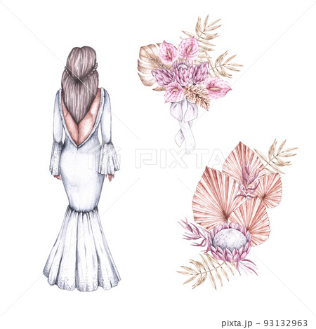 Watercolor wedding set bride back in dresses and bouquets in boho style 93132963
