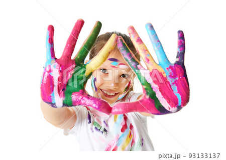 child girl showing hands painted in colorful paint 93133137