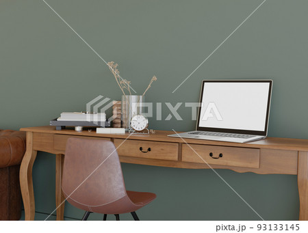 Laptop with blank white screen, on wooden table at home. Computer mock up. Free, copy space for app, game, web site presentation. Empty laptop screen ready for your design. Modern interior. 3D render. 93133145
