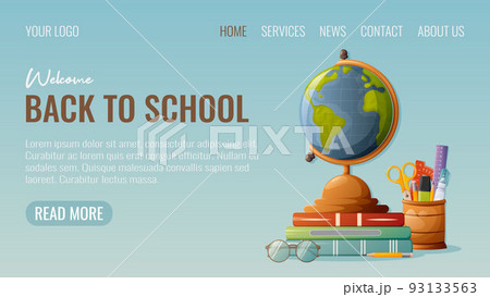 Desktop globe with books, glasses, stand with stationery. Welcome back to school, web template 93133563