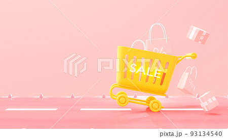 Yellow shopping cart on pink street. 93134540
