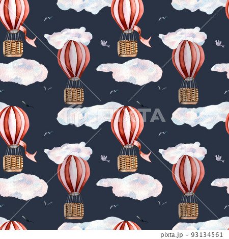 Retro hot air balloons vintage style watercolor illustration seamless pattern on dark. 93134561