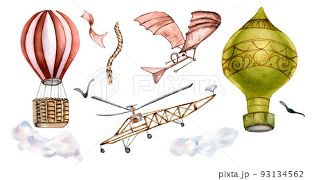 Set of ancient airplanes, hot air baloon watercolor illustration isolated. 93134562