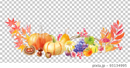 ハロウィンの装飾水彩イラスト。フレームデザイン。カボチャや栗、柿、ぶどうの収穫。 93134995