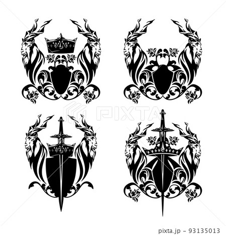 black and white vector heraldry with shield, sword, crown and pair of markhor mountain goat heads black and white vector heraldry with shield, sword, crown and pair of markhor mountain goat heads 93135013