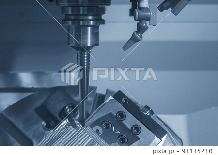 The 5-axis CNC milling machine  cutting the metal mold part. 93135210