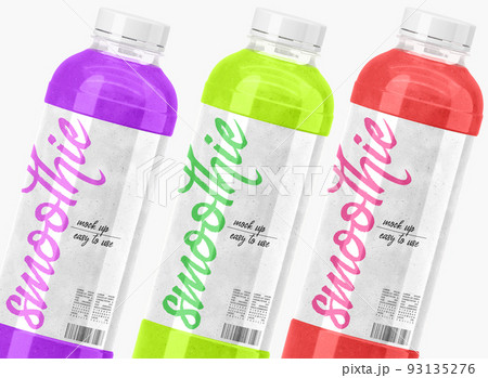 Smoothie bottles with label design. Realistic set of clear plastic containers with fruit or vegetable drinks, cocktails. Blueberry, apple with spinach and strawberry shake. Packaging mockup, 3d render 93135276