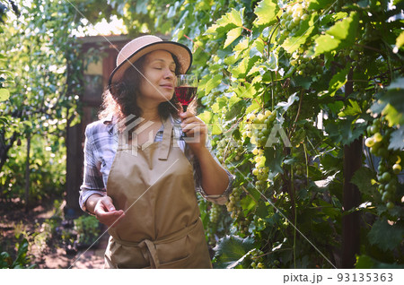 Charming curly haired woman in a straw hat tasting homemade wine, standing in the backyard near vineyards on an early autumn harvest day. Grapes harvest. Viticulture. Wine industry. Organic farming 93135363