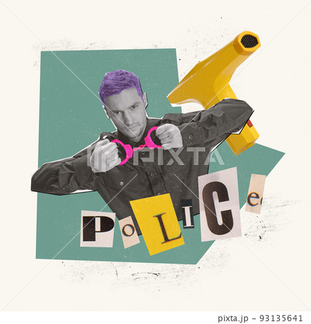 Contemporary art collage. Young man, policeman officer in uniform holding pink handcuffs Contemporary art collage. Young man, policeman officer in uniform holding pink handcuffs 93135641