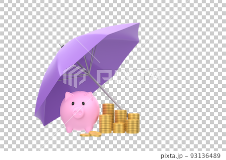 3D. Piggy bank with coins under an purple umbrella. 3D. Piggy bank with coins under an purple umbrella. 93136489
